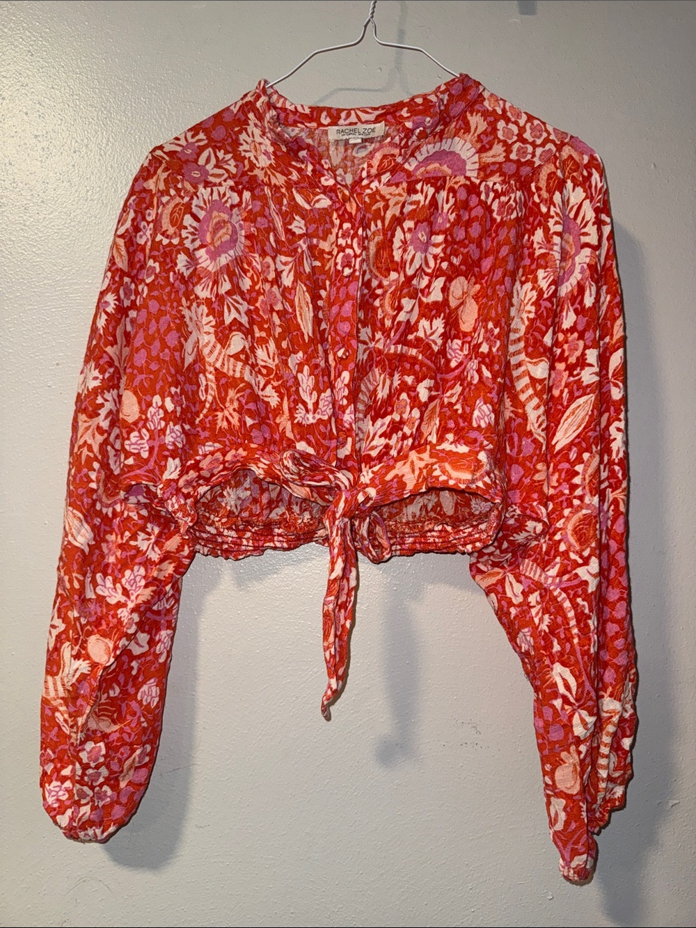 Rachel Zoe Red and Pink Floral Tie-Front Crop button down Blouse